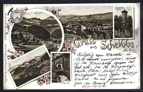 Lithographie Scheibbs, Neustift, Burghof-Warte und Ortsausblick