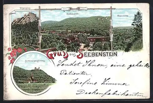 Lithographie Seebenstein, Parkschloss, Kirche mit Bergschloss