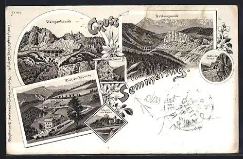 Lithographie Semmering, Weinzettlwand, Station Klamm, Bosseroswand