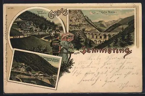 Lithographie Semmering, Hotel Stefanie und Bahnhof, Kalte Rinne