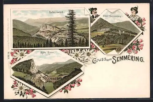 Lithographie Semmering, Hotel Semmering, Kalte Rinne, Bolleroswand