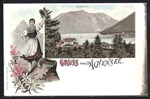 Lithographie Maurach /Achensee, Hotel Seespitz, Frau in Tiroler Tracht