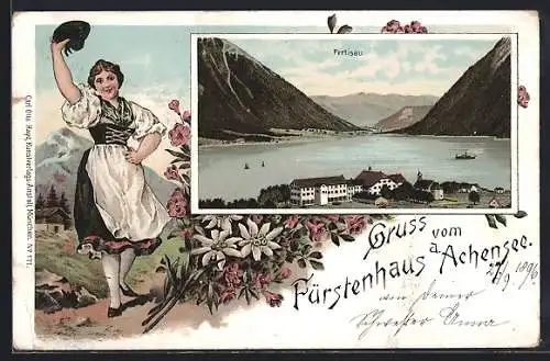 Lithographie Pertisau, Fürstenhaus a. Achensee, Frau in Tracht winkt mit dem Hut