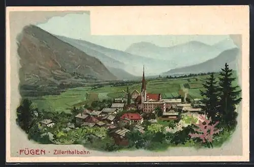 Lithographie Fügen /Zillertal, Ortsansicht aus der Vogelschau