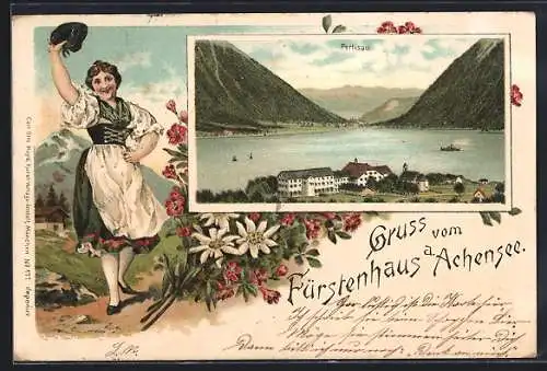 Lithographie Pertisau, Hotel Fürstenhaus a. Achensee, Dame im Dirndl hebt Hut