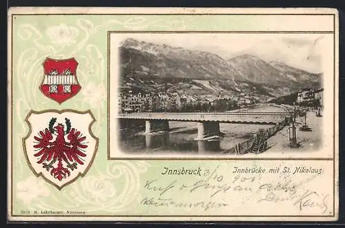 AK Innsbruck, Innbrücke mit St. Nikolaus, Wappen