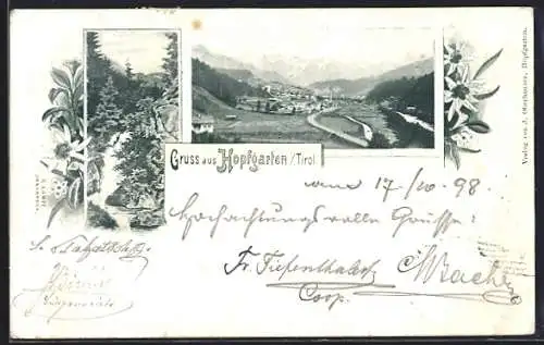 AK Hopfgarten /Tirol, Wasserfall, Gesamtansicht mit Landstrasse, Fluss u. Bergen, Edelweiss