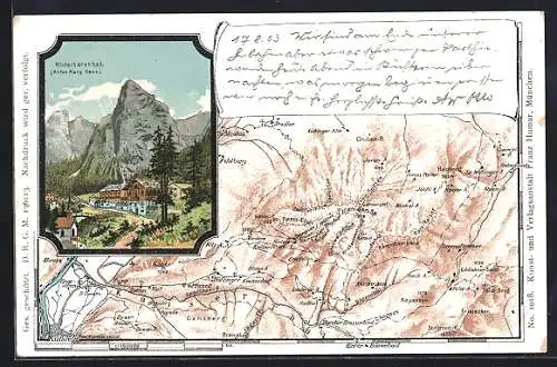 Lithographie Hinterbärenbad, Hotel Anton Karg-Haus, Landkarte mit Gamsberg, Ross-Kaiser und Feldberg