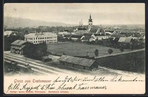 AK Traismauer, Teilansicht mit Bahnhof und Kirche