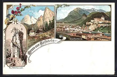 Lithographie Kufstein, Teufelskanzel, Hinterbärenbad, Teilansicht