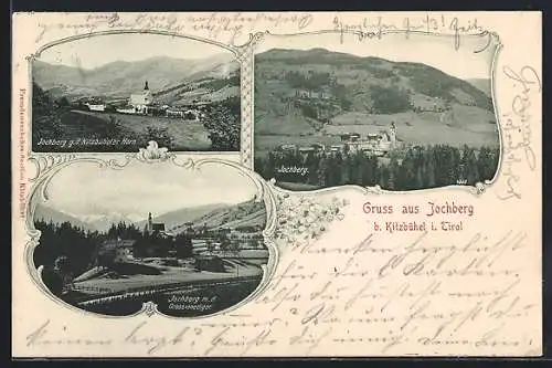 Lithographie Jochberg, Kitzbüheler Horn, Grossvenediger, Panorama mit Kirche