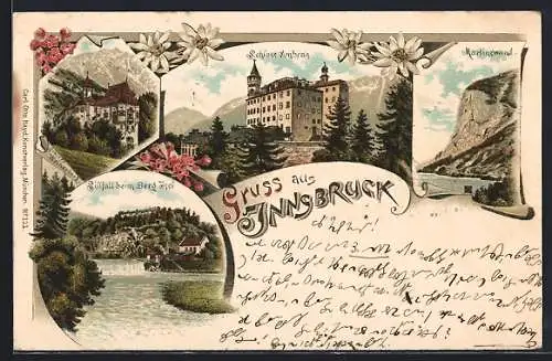 Lithographie Innsbruck, Martinswand, Schloss Ambras, Sillfall beim Berg Isel