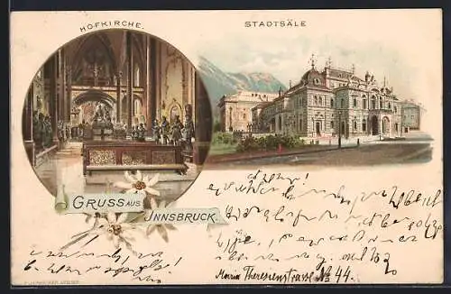 Lithographie Innsbruck, Inneres der Hofkirche und Stadtsäle mit Strasse