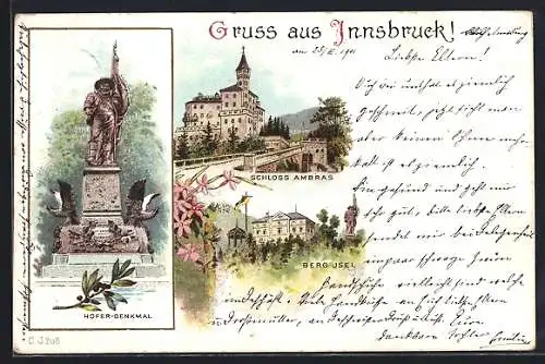 Lithographie Innsbruck, Schloss Ambras, Berg Isel, Hofer-Denkmal