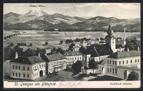 Künstler-AK St. Georgen am Ybbsfeld, Teilansicht mit Kirche und Ötscher