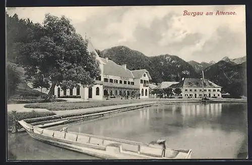 AK Burgau am Attersee, Uferpartie mit Bergen