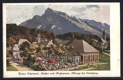 Künstler-AK Morzg bei Salzburg, Kaffee-Restaurant Franz Schinnerl mit Strasse, Garten und Bergspitze