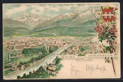 Lithographie Innsbruck, Teilansicht mit Bergen, Wappen