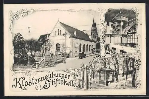 AK Klosterneuburg, Gasthaus Stiftskeller - Gebäude mit Strasse, Konventstüberl, Garten