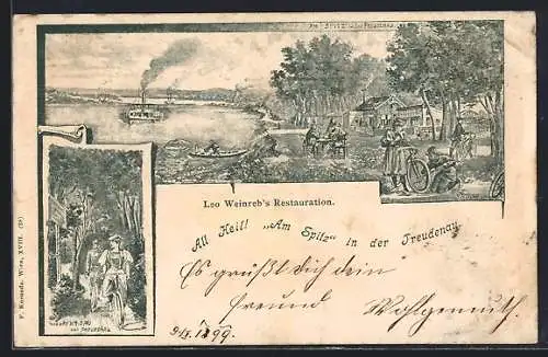 Lithographie Freudenau, Leo Weinreb`s Gasthaus Restauration am Spitz, Raddampfer auf dem Fluss, Radtour