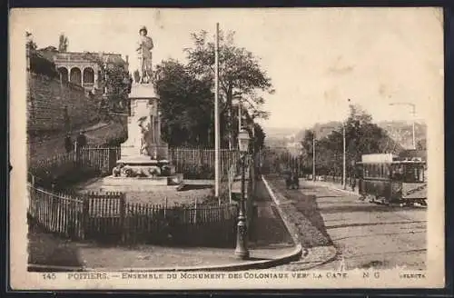 AK Poitiers, Ensemble du Monument des Coloniaux Vers la Gare, Strassenbahn