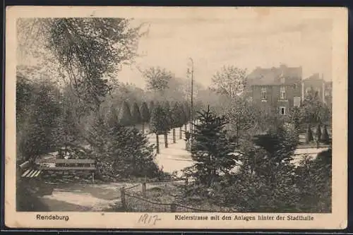 AK Rendsburg, Kielerstrasse mit den Anlagen hinter der Stadthalle