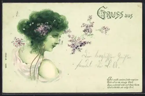 AK Junge Frau mit Blumen, Jugendstil