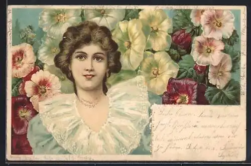 Lithographie Junge Dame vor blühenden Blumen, Jugendstil