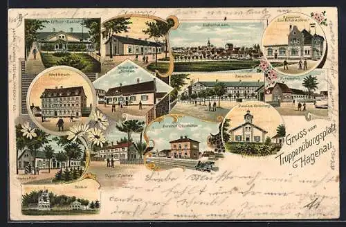 Lithographie Hagenau, Truppenübungsplatz, Offizier-Casino, Garnisonverwaltung, Baracken, Depot Cantine, Wache und Post