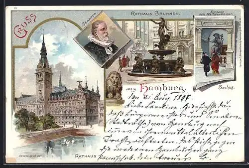 Lithographie Hamburg, Rathaus mit Brunnen, Senator im Portrait, Eingang zum Restaurant Rathsweinkeller, Bachus