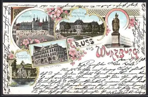 Lithographie Würzburg, Haus zum Falken, Markt, Residenz, Brunnen zu Veitshöchheim, Denkmal Julius Echter