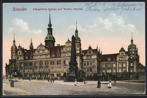 AK Dresden, Partie am Königlichen Schloss mit Wettin-Obelisk