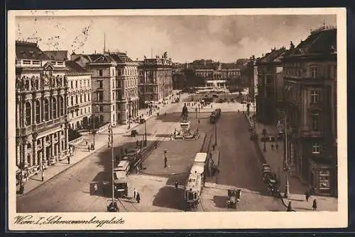 AK Wien, Schwarzenbergplatz mit Strassenbahn und Reiterdenkmal aus der Vogelschau