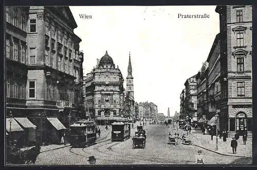 AK Wien, Partie in der Praterstrasse mit Strassenbahn