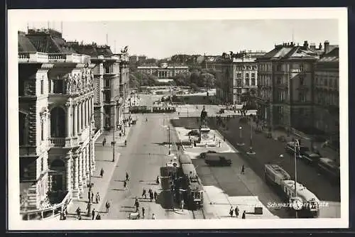 AK Wien, Schwarzenbergplatz mit Denkmal und Strassenbahnen