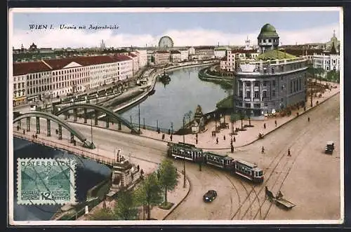 AK Wien I., Urania mit Aspernbrücke aus der Vogelschau, Strassenbahn