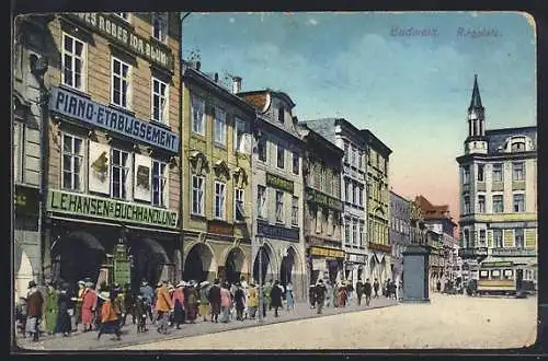 AK Budweis / Ceske Budejovice, Ringplatz mit Strassenbahn & Piano-Etablissement