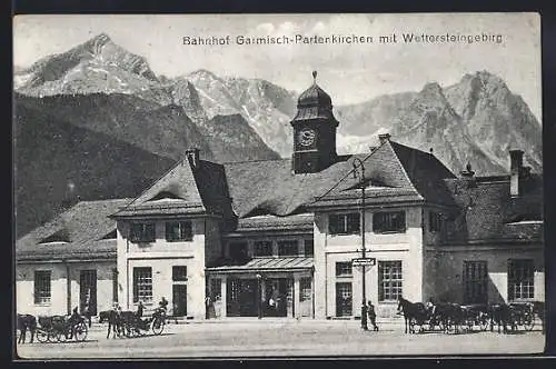 AK Garmisch-Partenkirchen, Bahnhof gegen das Wettersteingebirge