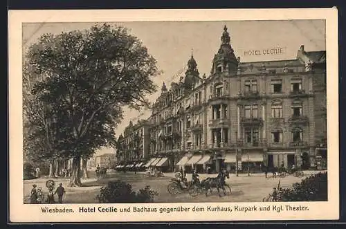 AK Wiesbaden, Hotel Cecilie und Badhaus mit Kutsche