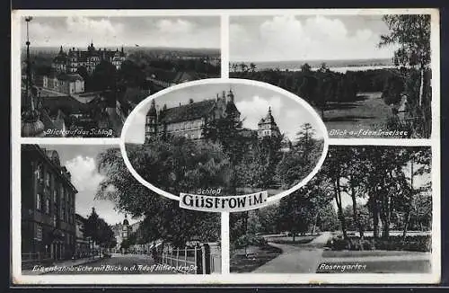 AK Güstrow, Eisenbahnbrücke mit Blick a.d. strasse, Schloss, Rosengarten, 5 Ansichten