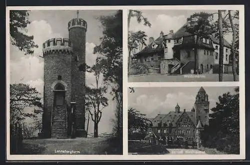 AK Mainz-Budenheim-Gonsenheim, Gasthaus Waldschänke Lenneberg, Schloss Waldhausen, Lennebergturm