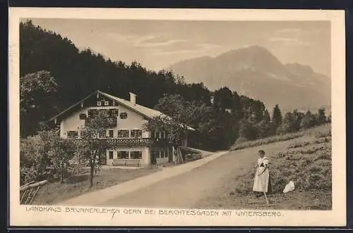 AK Gern bei Berchtesgaden, Pension Landhaus Brunnerlehen mit Untersberg