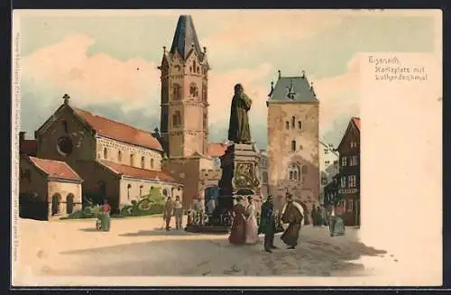 Künstler-Lithographie Meissner & Buch (M&B) Nr. 1037: Eisenach, Karlsplatz mit Lutherdenkmal