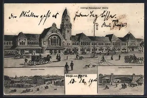 Künstler-AK Metz, zukünftiger Personenbahnhof, Güterbahnhof u. Zollschuppen, Tunnel am Güterbahnhof