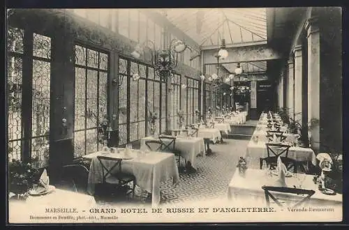 AK Marseille, Grand Hotel de Russie et d`Angleterre, Veranda-Restaurant mit Tischgedecken