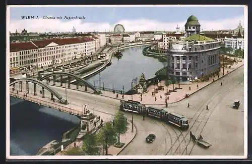 AK Wien I., Urania mit Aspernbrücke aus der Vogelschau, Strassenbahn