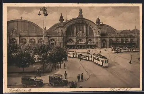 AK Frankfurt a. M., Hauptbahnhof mit Strassenbahnen aus der Vogelschau