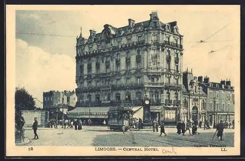 AK Limoges, Cental Hotel mit Strassenbahn