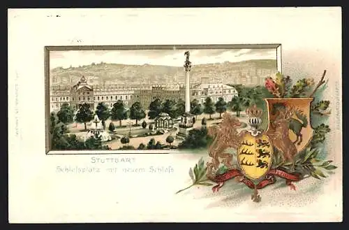 Passepartout-Lithographie Stuttgart, Schlossplatz mit neuem Schloss, Wappen um 1900