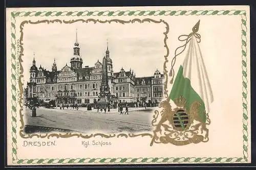 Passepartout-Lithographie Dresden, Königliches Schloss, sächsische Flagge